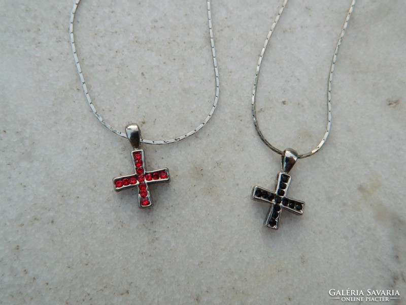 Small filigree stony cross pendant necklace with red stones