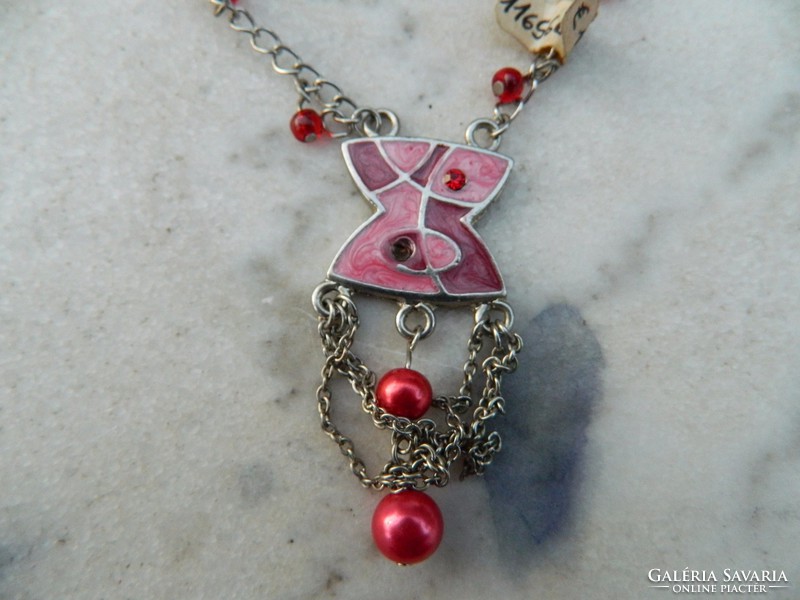 Pink tűzzománc nyakék ékszer gyöngyökkel - új  ajándéknak is
