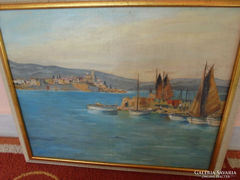 Olaj vászon festmény: Kikötő és látkép (restaurált)