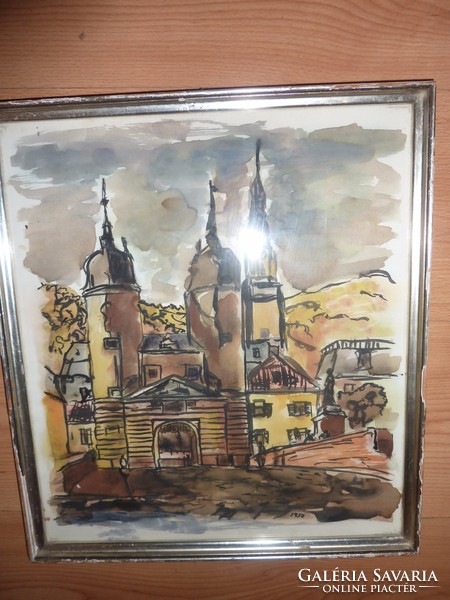 Church skyline, with old watercolor mark from 1950