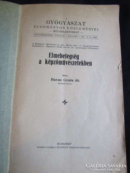 Havas Gyula DR. : ELMEBETEGSÉG A KÉPZŐMŰVÉSZETEKBEN 1939 GYÓ