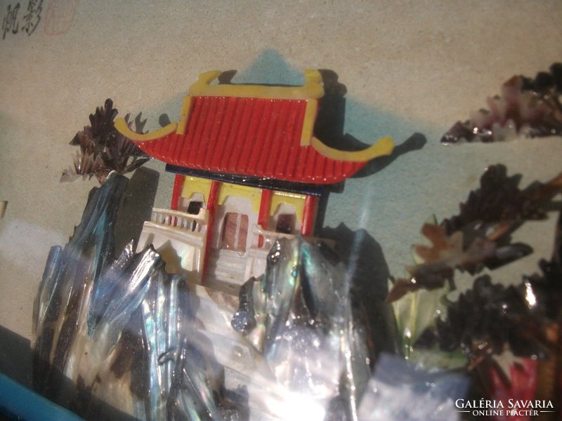 Pagoda on the rocky hilltop landscape with colorful mother of pearl and coral, signed by its maker