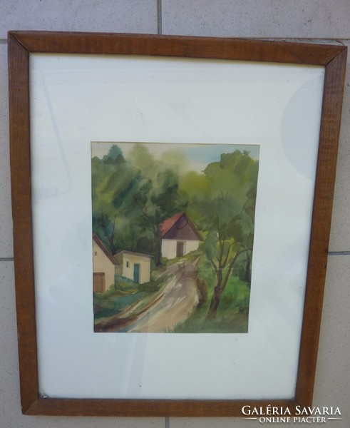 Cottages on a hillside, marked Miskolc 1966, watercolor
