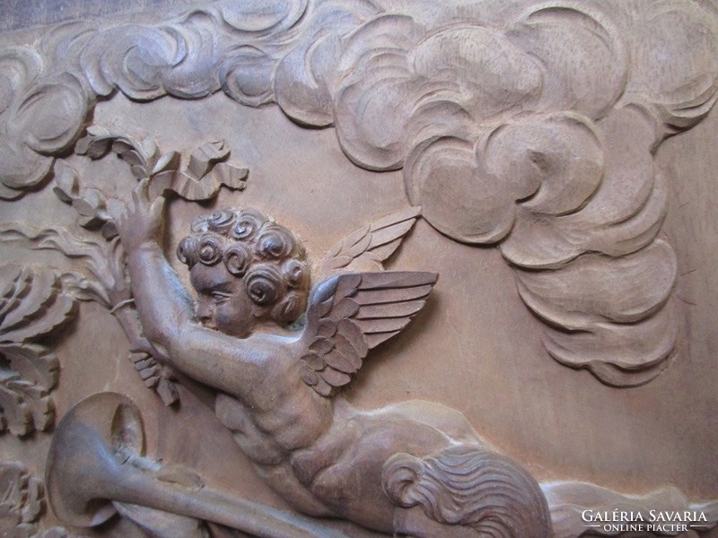 Wood carving relief mythology bible image angel putto