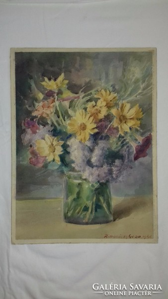 Géza Rimanóczy double - sided watercolor painting flower still life + laundries 1946