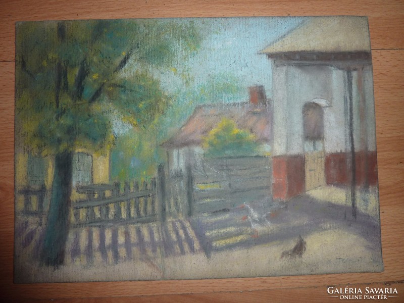 Zsigmond Fürst: village yard with animals, marked with old pastels