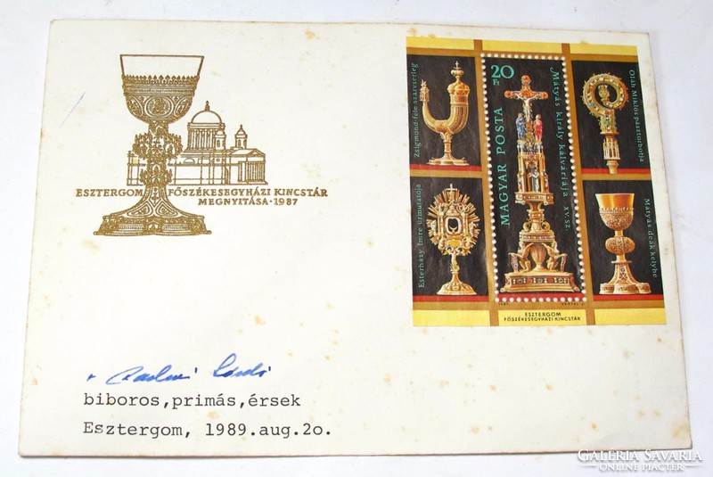 Signature of Cardinal Paskai on a stamped envelope from the Esztergom Treasury.
