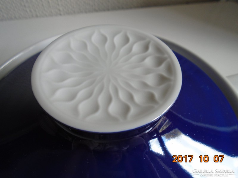 Mid century new cobalt blue lidded serving tray with relief grid pattern, rosette tongs
