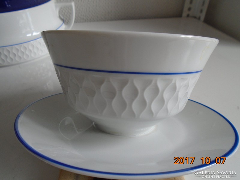 Mid century novelty grid relief pattern, cobalt blue striped sauce bowl with plate
