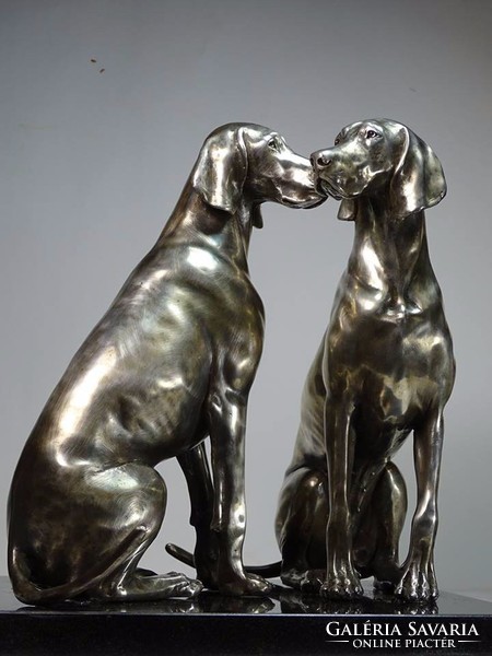 Weimári Vizsla pár ezüstözött bronz szobor