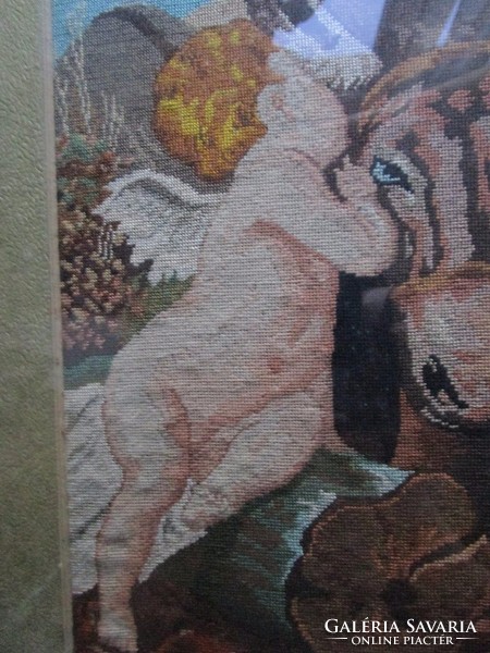 Needle tapestry angel putto theme: Benczúr gyula the old donkey, carved wooden frame + gilded passe-partout