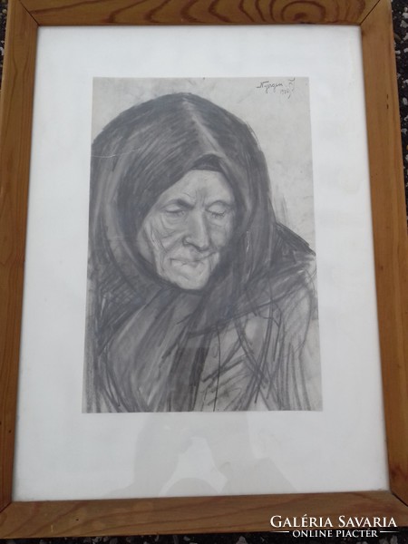 István Nyergesi woman portrait charcoal drawing behind framed glass