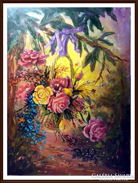 Fabulous, marked still life - the flower basket (oil, 62 x 46)