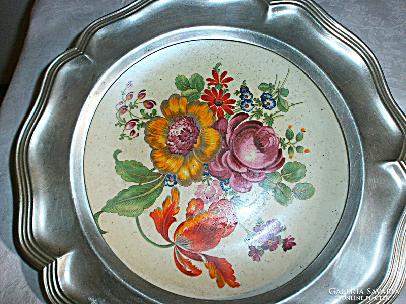 Pewter wall plate with antique porcelain insert