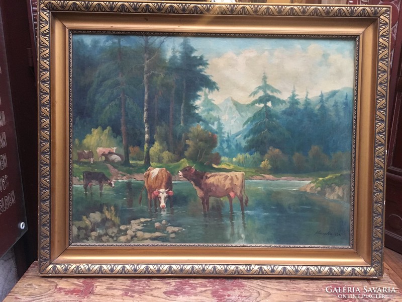 Krupka 1920. 60x80 cm korának megfelelő állapotú, olaj, vászon festmény "Tehenek"