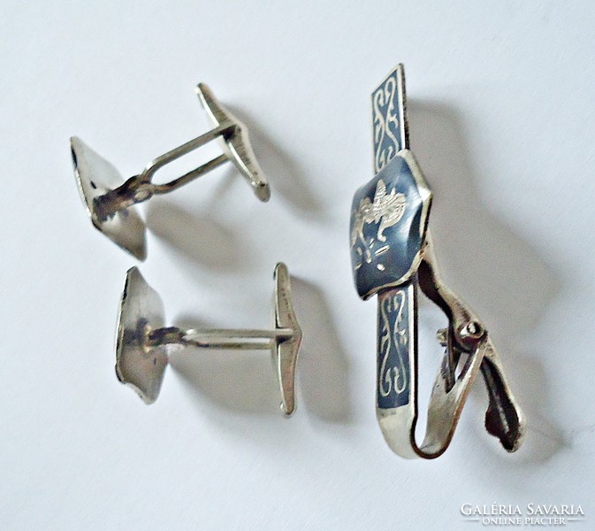 Old niello Vietnamese sterling silver cuff and tie clip