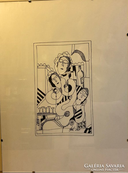 " Bárban " 1969 ,  ismeretlen jelzéssel,30x40 cm-es tus, papír