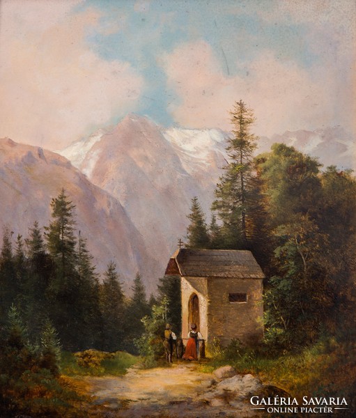 19. századi osztrák festő: Kápolna a hegyek között #MCPA0002