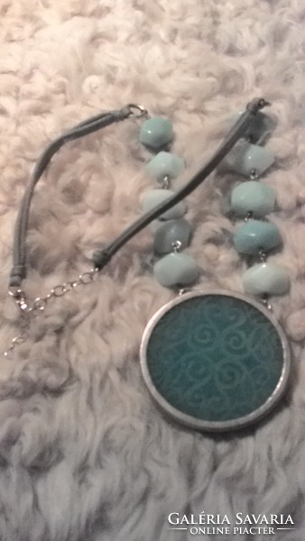 Silver necklace made of sea green-blue quartz stone