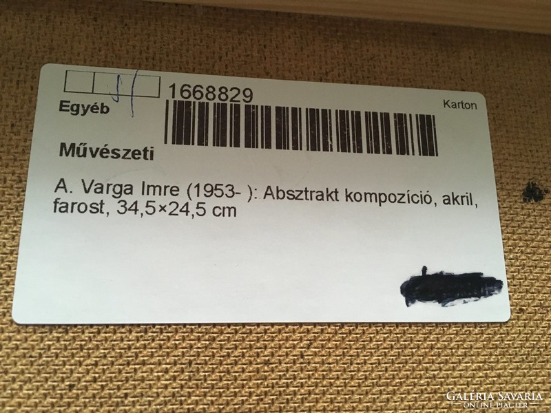 A. Varga Imre (1953-): Absztrakt kompozíció, akril, farost 37 cm X 27 cm kerettel