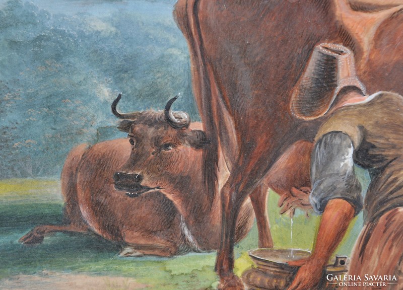 Ismeretlen festő: Parasztlány tehenet fej, gouache, 1859