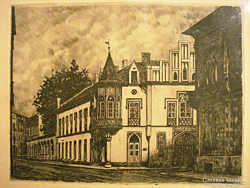 Éva Scultéty's work entitled The Black House in Szeged, etching