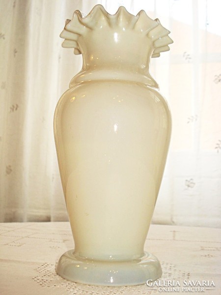 Art Nouveau, blown, broken, opal glass vase with ruffled edges