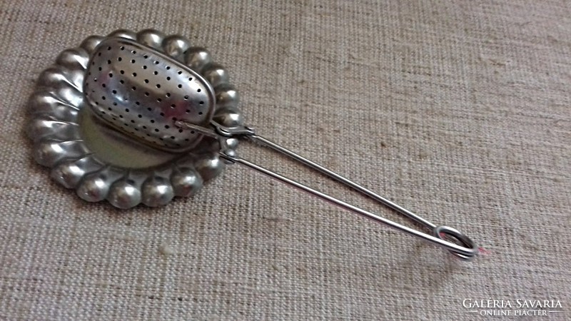 Old marked alpaca small tray with marked tea strainer