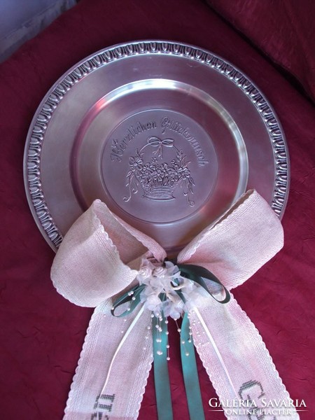 Plate - pewter - 50th birthday present - flower basket with 3d pattern and large, hand-embroidered ribbon.