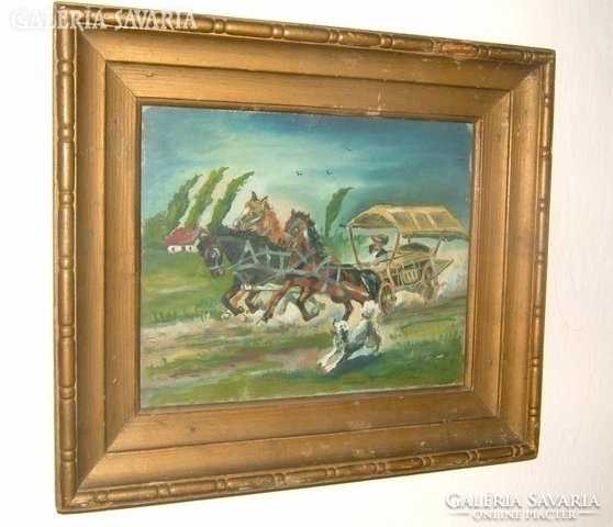 LEÁRAZTAM ! Antik jelzett olaj /fa festmény: kutya kergette kocsi