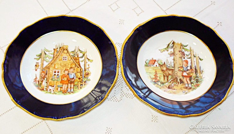 2 cobalt blue, fairy-tale children's deep plates from Weimar