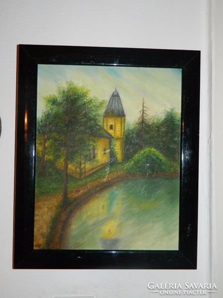Church on the waterfront - labeled oil painting
