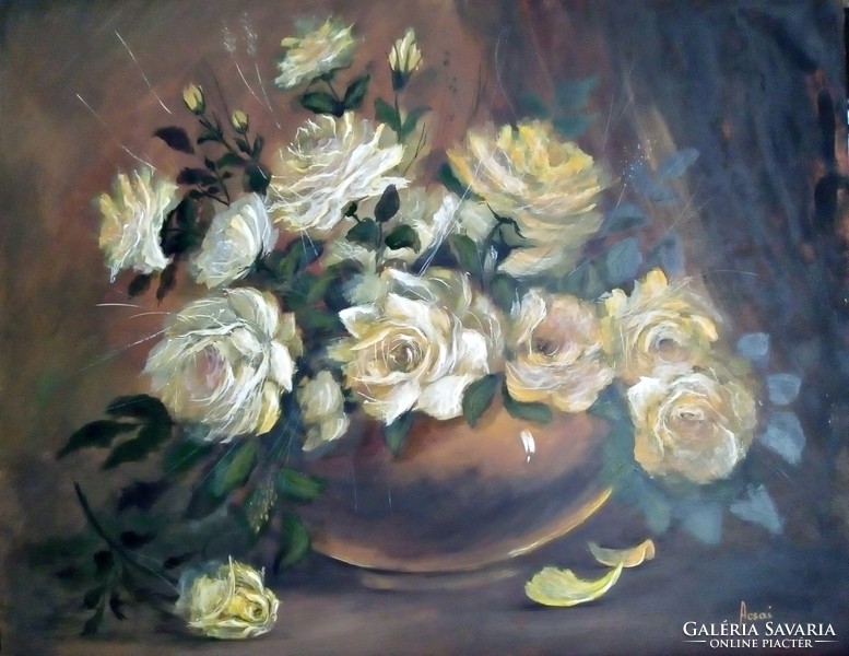Painting with yellow roses, still life