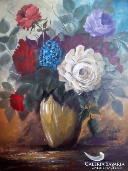Virágok sárga vázában c.  festmény, csendélet