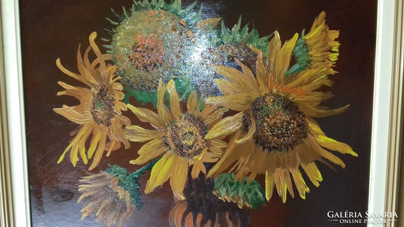 Farkas Gyula - sunflowers oil / wood fiber painting