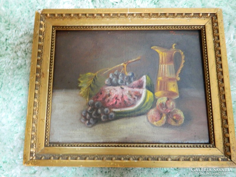 Table still life with melons and grapes - marked, old painting