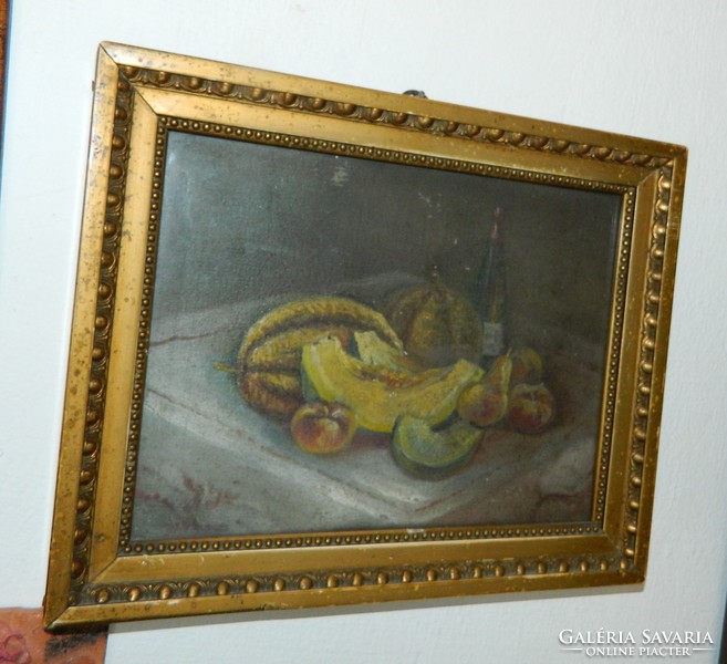 Table still life with cantaloupe - marked, old painting