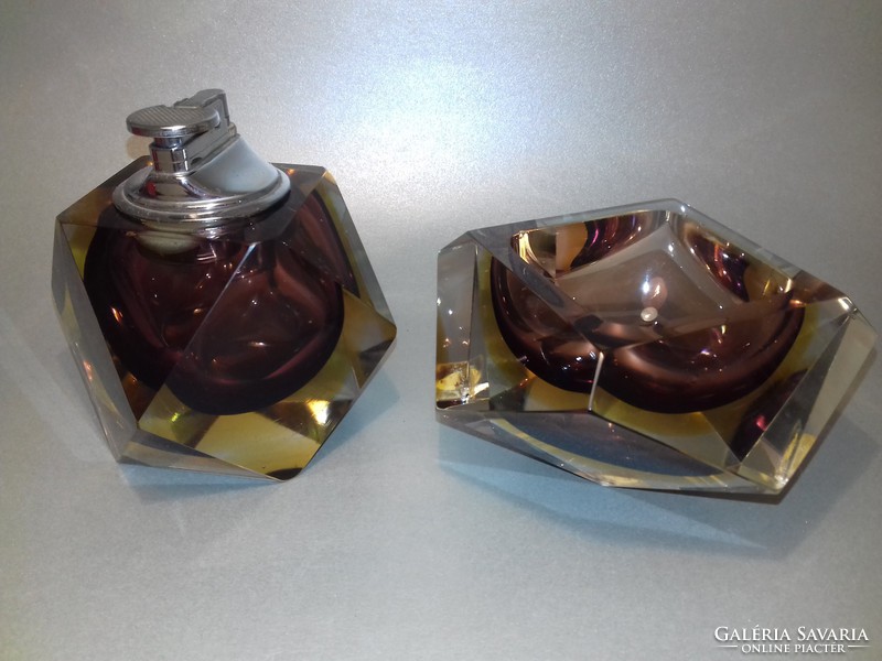 Vintage Luxurious Murano Fencing Glass Lighter + Ashtray Set in the 1960s