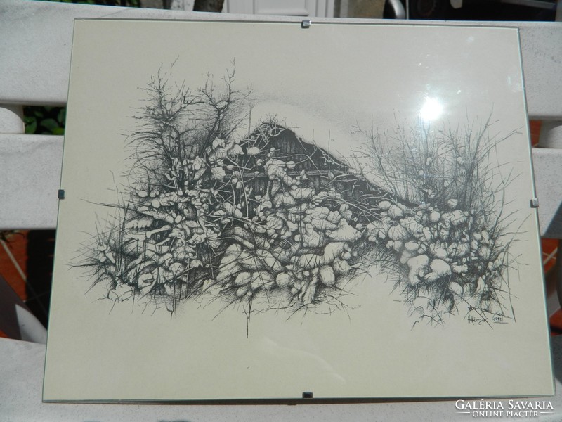 Hut under snow: marked engraving - etching, woodcut