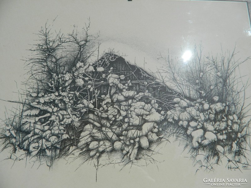 Kunyhó hó alatt  : jelzett metszet - rézkarc , fametszet