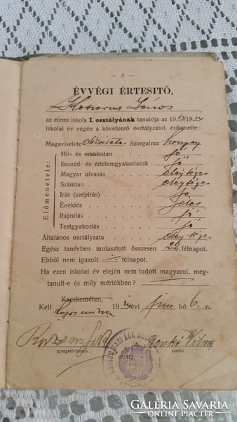 Elemi Népiskolai Értesítő Könyvecske 1913 eladó!