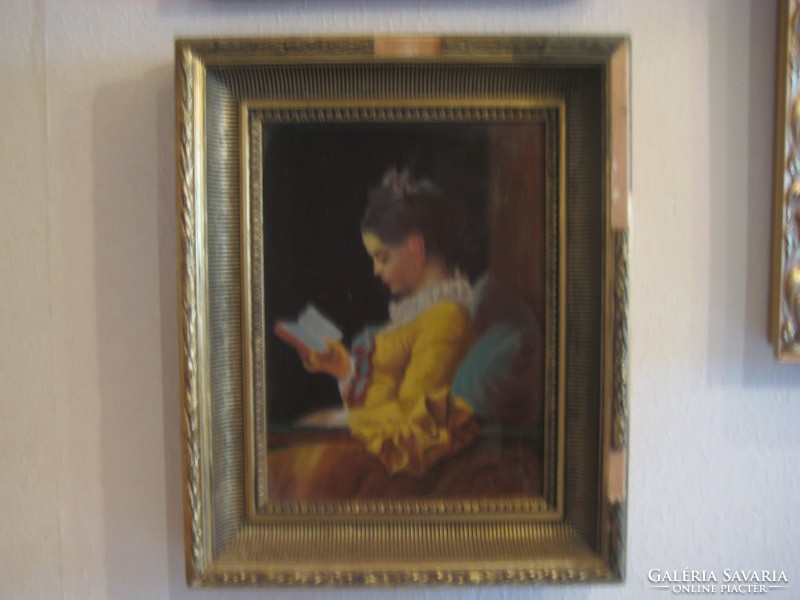 Várady with sign b. Young reading girl 1966 oil on canvas based on jean-honoré fragonard
