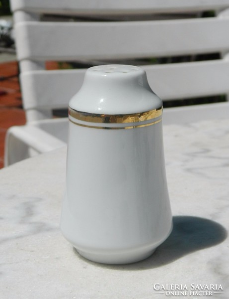 Spicy salt shaker on a classic porcelain table with a gold border