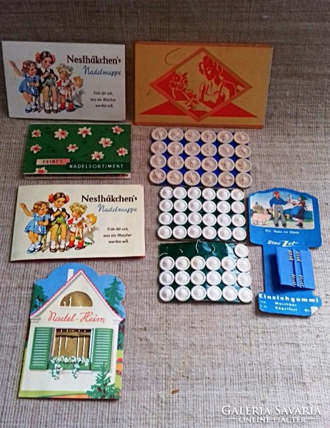 Old colored paper covered sewing needle sets with old lace button blocks