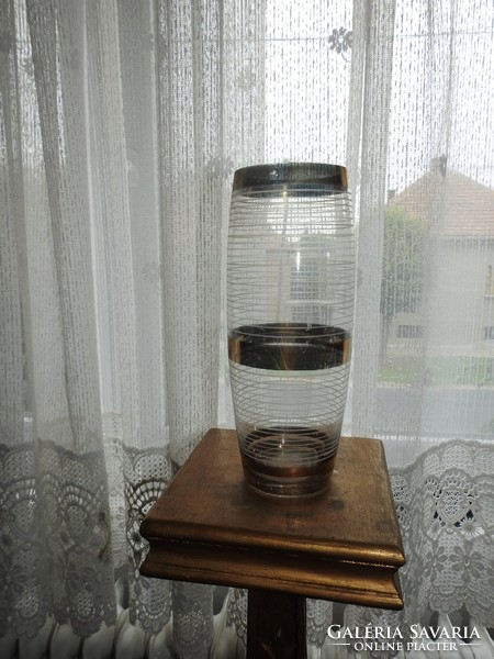 Vintage large glass vase with gold rim and silver stripes