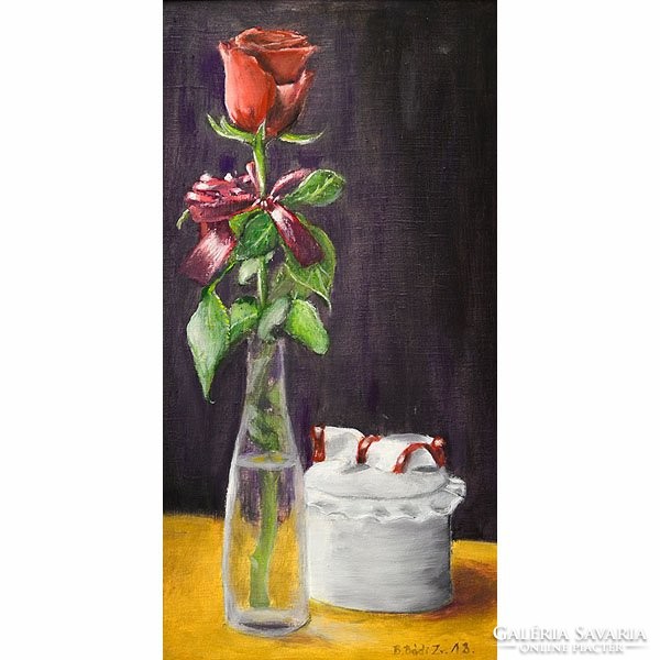 Rózsa csendélet Olaj vászon, 24x45,5 cm, keretben.
