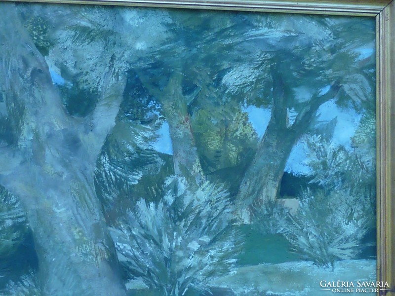 Eladó Munkácsy-díjas Scholz Erik: Árnyékot adó fák, olaj, farost, nagy méretű, keretezett festménye