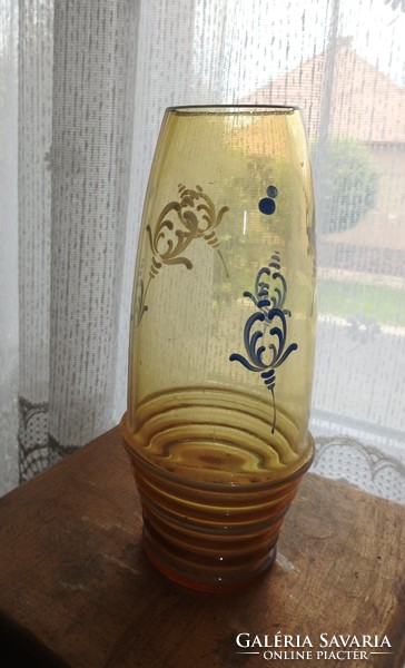 Sárga vintage üvegváza, kézzel festett érdekes virágmintával: 21 cm