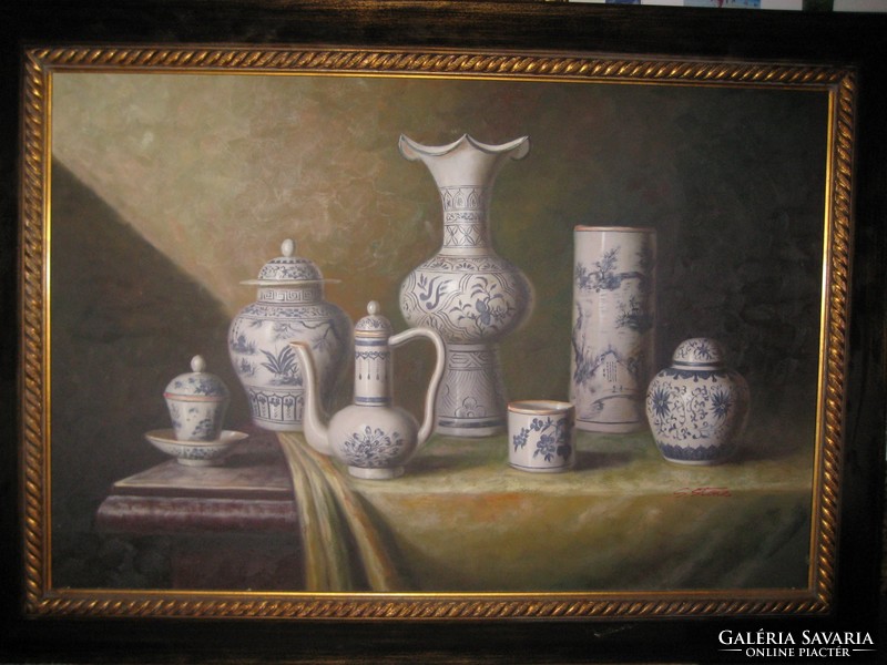 Csendélet , porcelánokkal , festmény  olaj - vászon   , S. Stone  szignóval