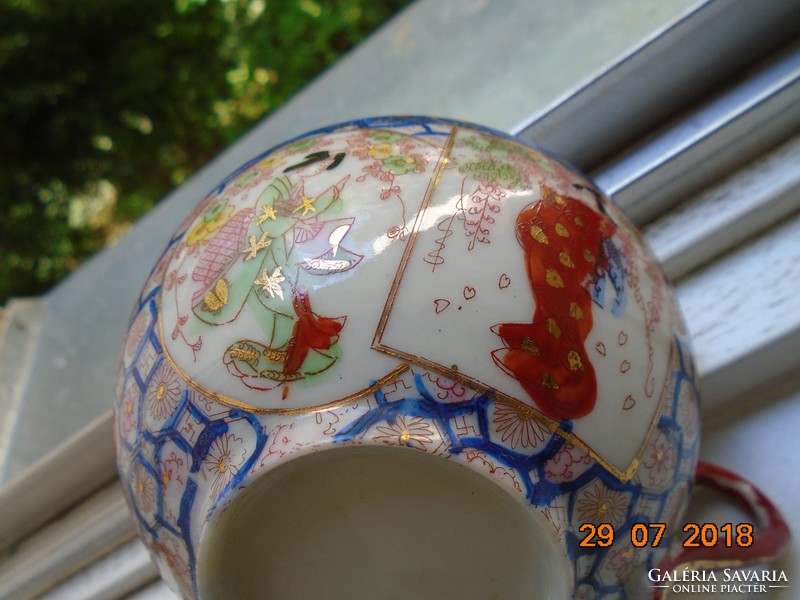 19. Sz kutani with 6 handwritten characters, eggshell tea cup with 4 geisha and beehive flowers, with swastika pattern
